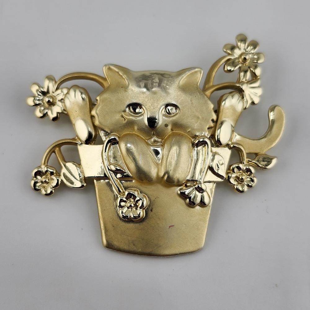 Signed Fox Brooch‎ Cat in Flowerpot Pin Vintage God Tone AJC 2" x 2.25"